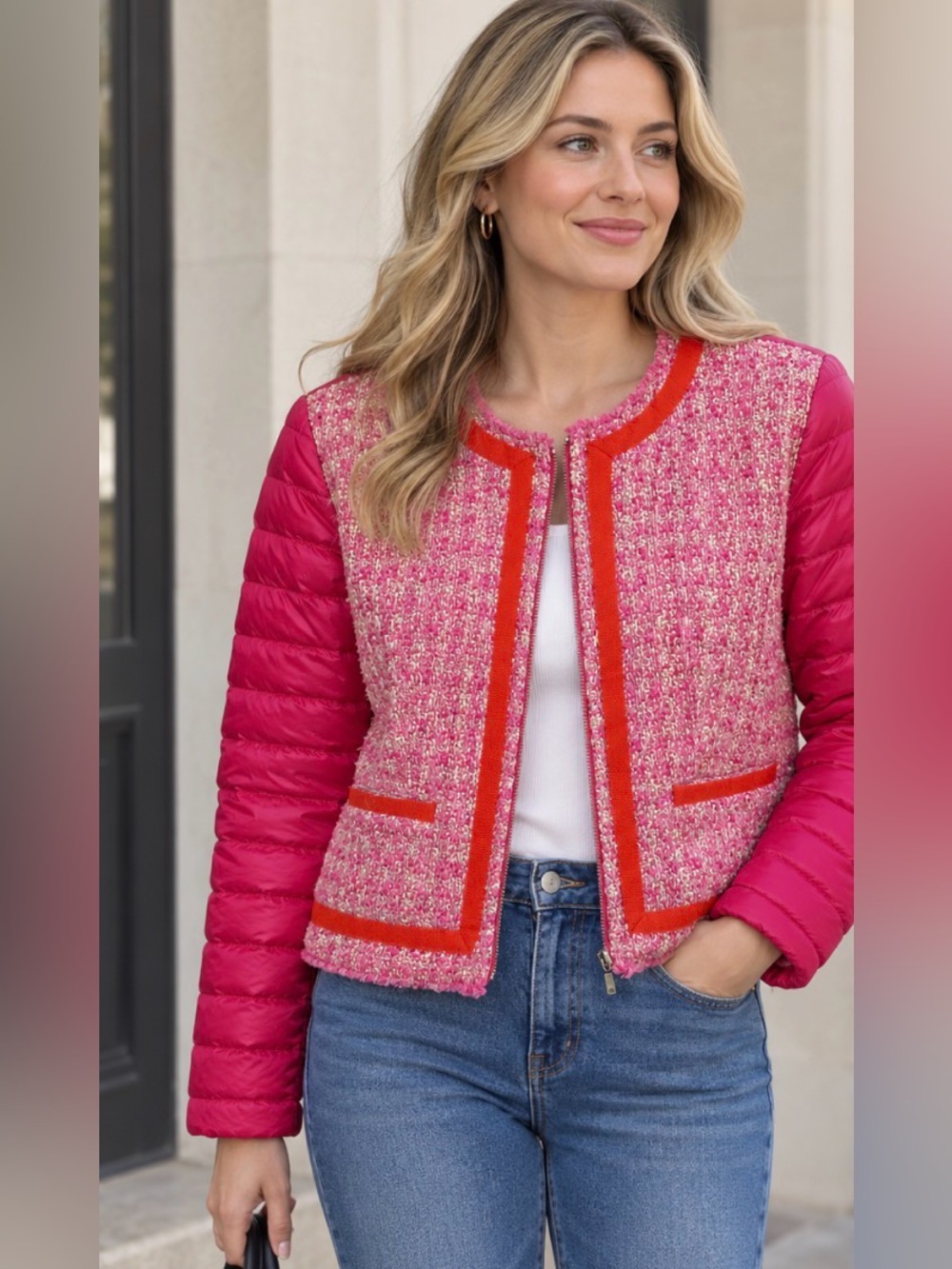 Moncler Pink Tweed & Quilted Down Filled Jacket Size 3/Large
